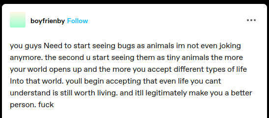 Tumblr post by boyfriendby: 'you guys Need to start seeing bugs as animals im not even joking anymore. the second u start seeing them as tiny animals the more your world opens up and the more you accept different types of life into that world. youll begin accepting that even life you can't understand is still worth living. and itll legitimately make you a better person. fuck