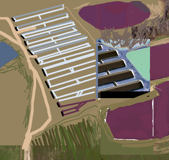 mspaint recreation of an aerial shot of a large animal farm with three purple manure lagoons